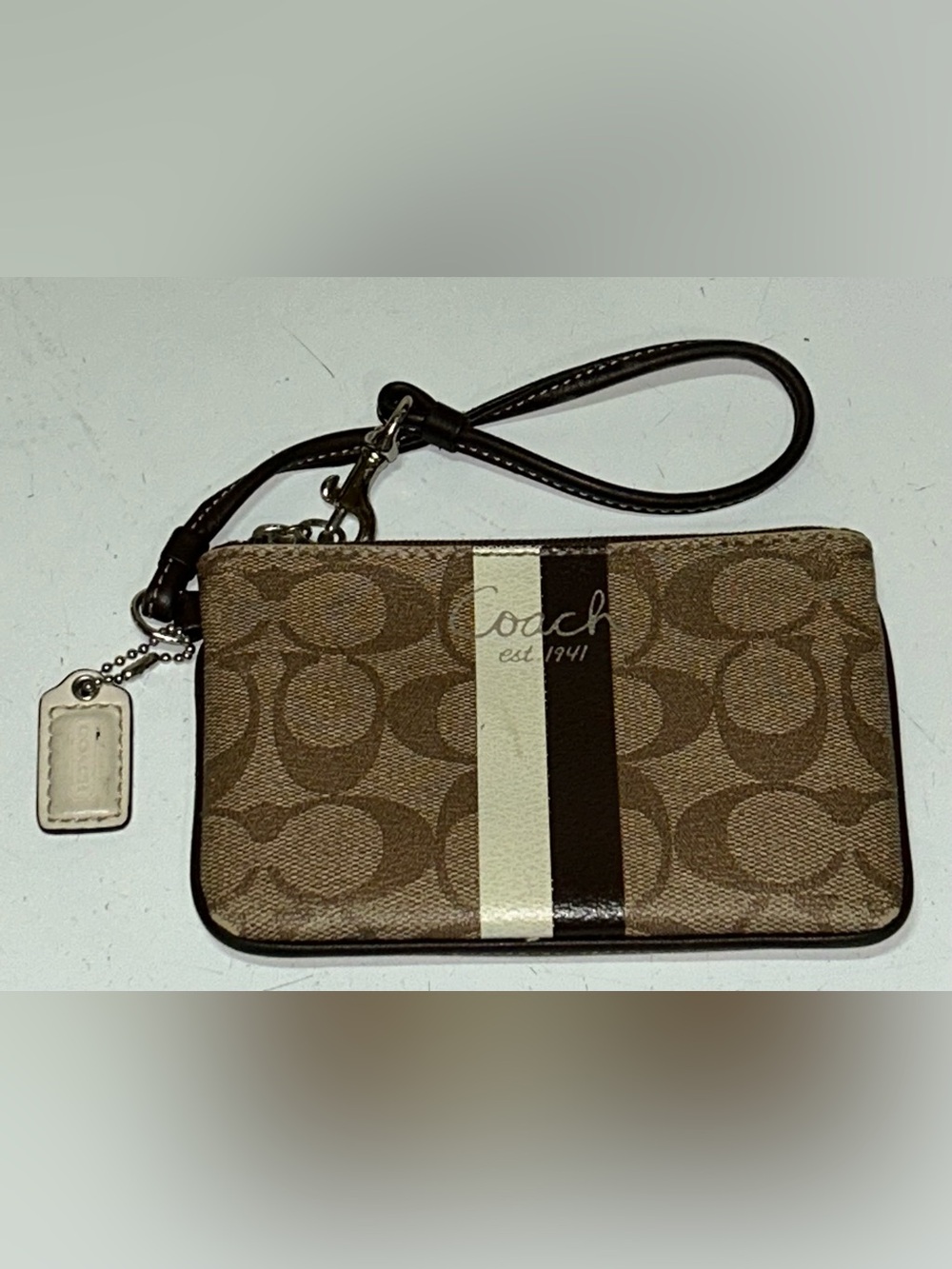 COACH Signature Heritage Stripe khaki Coated Canvas Mini Skinny F43552